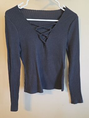 SHEIN Charcoal Ribbed Lace-Up V-Neck Long Sleeve Top